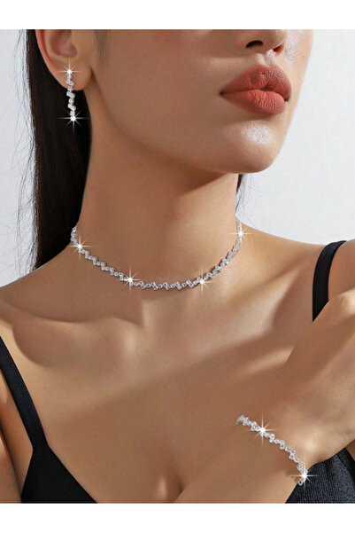 Mupten Ajda Model Zirkon Taşlı Zarif Kolye Küpe Bileklik Seti Hediye Set