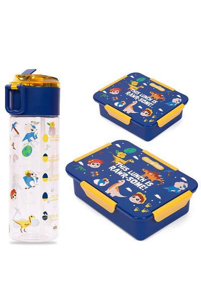 Eazy Kids طقم صندوق غداء وزجاجة مياه تريتان مع صندوق وجبات خفيفة، تي ريكس - أزرق، 450 مل