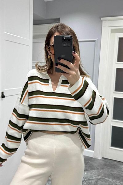 Banu Angay Polo Neck Sweater - Cream-Green