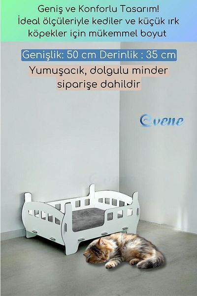 Evene White Colored Large Cat Bed - Wooden Durable Crib Cot Model