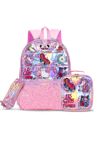 Eazy Kids - 17" School Bag Lunch Bag Pencil Case Set of 3 Girl Things - Pink