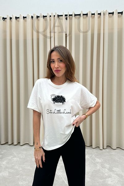Qaju Women's Ecru Flower Pattern Crew Neck T-Shirt (T-Shirt)