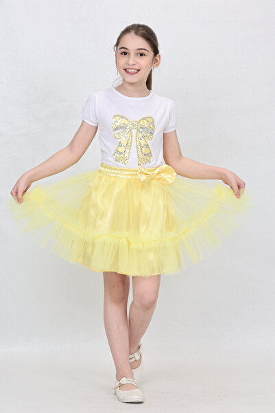 FATELLA Devojčinska majica sa trakom Sa deznom sa volanima i žutom suknjom za...