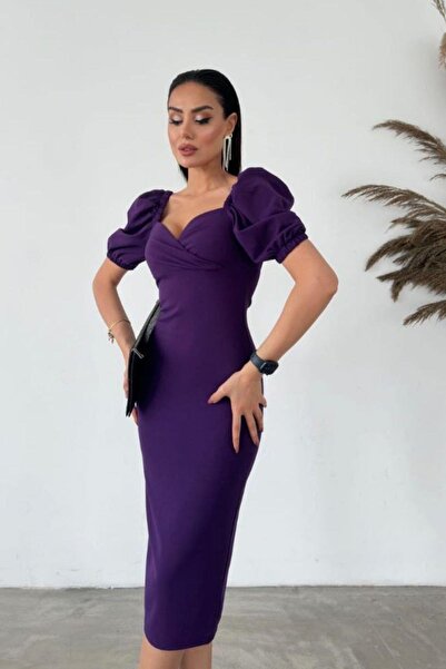 Mossta Purple Balloon Sleeve Dress - Sweetheart Neckline and Back Slit