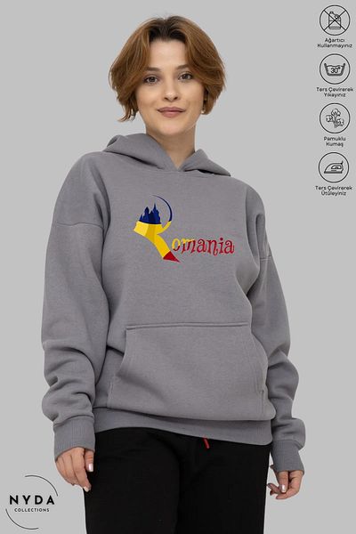 Nyda Collections Унисекс суитшърт с дълъг ръкав и качулка с щампа Румъния, релефно изпъкнало, голям размер, памучен суитшърт