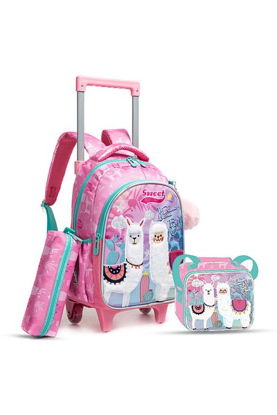 Eazy Kids مجموعة من 3 حقائب مدرسية بعجلات مقاس 16 بوصة مع حقيبة غداء وحافظة أقلام لاما - وردية