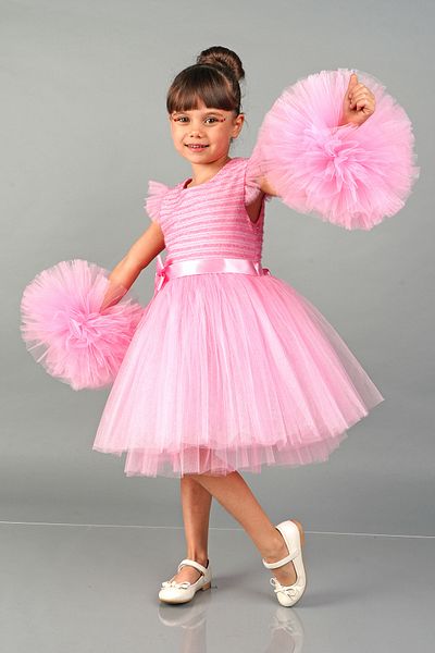 Delfini kids Pompom Sleeves Tulle Party and Birthday Evening Dress