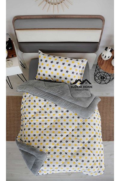 Sudem Home Collection Single Plush Welsoft Quilt and Pillowcase Yellow Star