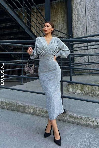 Mossta Gray Lurex Long Sleeve Midi Dress - Double Breasted Neckline