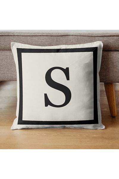 PerdeYap1980 Lettered Throw Pillow Cover - Letter S - 43X43 cm Cream-Black Gift Decorative Pillow Cover