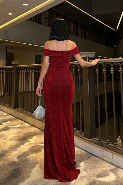 Mossta Burgundy Glitter Madonna Neckline Long Slit Evening Dress