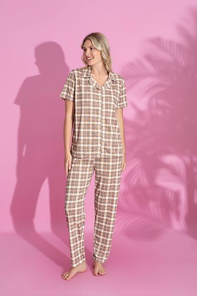 Prestij İç Giyim Women's Plaid Print Front Button Cotton Shirt Collar Short Sleeve Pajamas Set