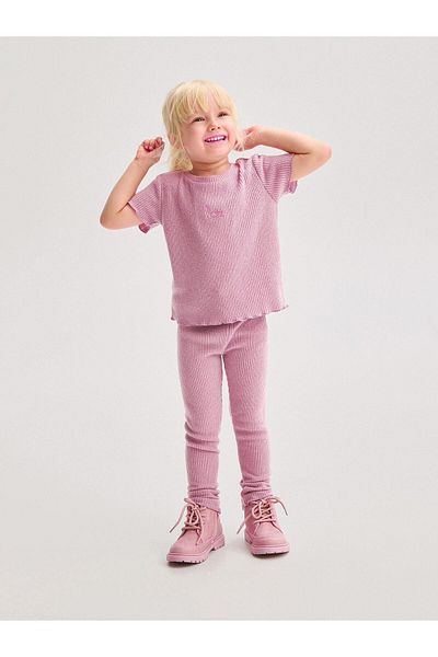 Magu Pink Swan Patterned Ribbed T-Shirt Leggings Bottom-Top Set Girl's