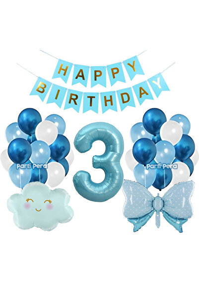 parti pera 3 Yaş Mavi Bulut Folyo Balon Fiyonk Folyo Balon Rakam Folyo Balon Doğum Günü Balon Seti
