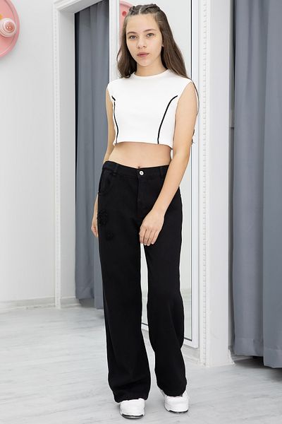Cansın Mini Черни дънки за момиче с широки крачоли и детайли 20299