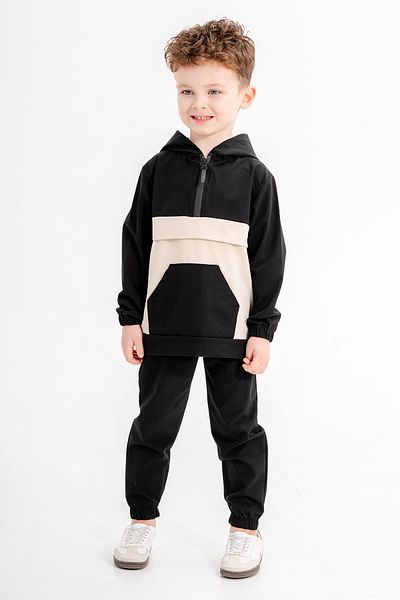 Cansın Mini Black Kangaroo Pocket Hooded Boys' Parachute Tracksuit Set