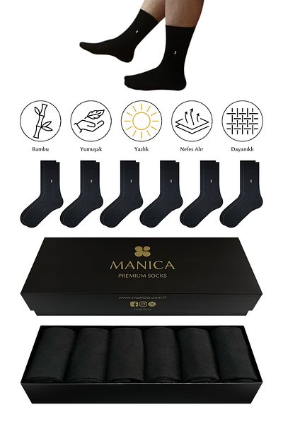 MANICA Ανδρικές καλοκαιρινές κάλτσες μπαμπού 6 ζευγάρια - Μαύρες