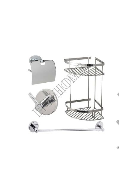 FNDHOME 4 Lü Banyo Seti Paslanmaz Çelik Köşe 2 Katlı Raf Şampuanlık Uzun Havl...