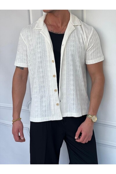 MODEFENDİ Erkek Beyaz Örme Triko Kumaş Desenli Kisa Kollu Gömlek