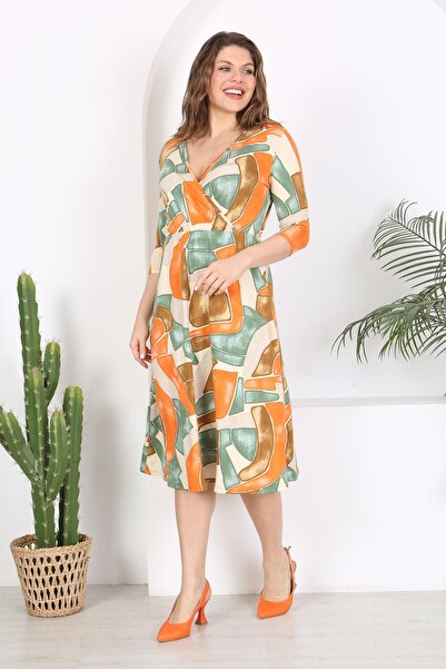 Mooi XXL Orange Green Stretch Waist Plus Size Dress - Geometric Pattern and Double Breasted Collar