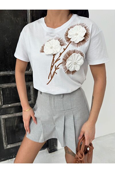 Butik Serdivan Γυναικείο μπλουζάκι Premium με λευκό λουλούδι - 100% βαμβάκι, λαιμόκοψη