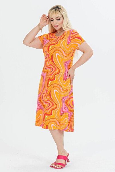 Mooi XXL Γυναικείο μίντι φόρεμα πορτοκαλί ροζ κυματιστό