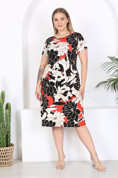 Mooi XXL Red and White Lotus Patterned Midi Women's Dress