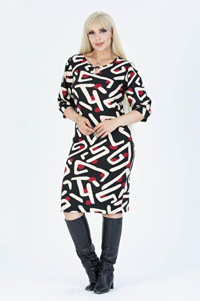 Mooi XXL Women's Black Claret Red Asymmetrical Pattern Drop Collar Balloon Sleeve Plus Size Flexible Suede Dress