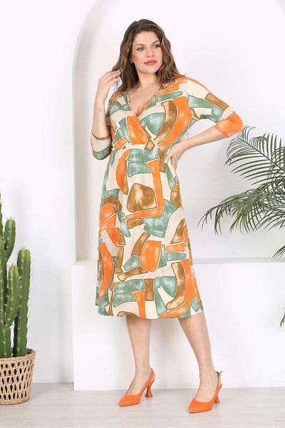 Mooi XXL Πορτοκαλί Πράσινο Φόρεμα Stretch Waist Plus Size - Γεωμετρικό σχέδιο και λαιμόκοψη με διπλό στήθος