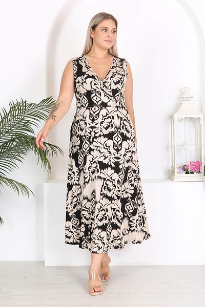 Mooi XXL Μπεζ Μαύρο Maxi Φόρεμα με διπλό στήθος με Ethnic σχέδιο
