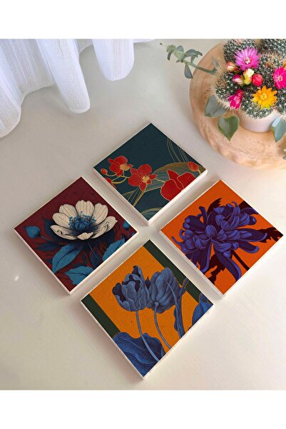 arslart Modern Floral Patterned Natural Stone Coasters Set (Set of 4)