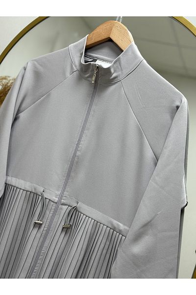 Ebrar Store Gray Breath Pleated Zip-Up Cardigan - Eu2280