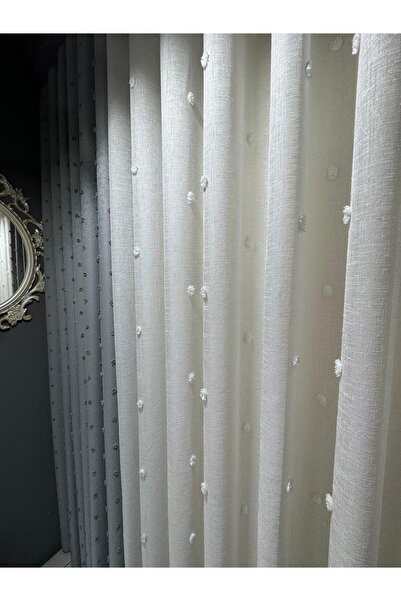 ervin Keten Ponponlu Tül Perde Ekru Kırışmaz 1x2 Seyrek Pile