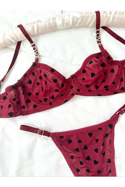 Feruzdesign Women's Burgundy Chloei Heart Bra Suit
