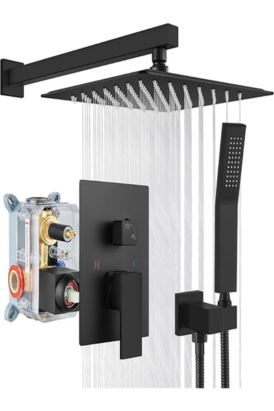 ALFAS Ankastre Duş Seti Sıva Altı Mat Siyah Gömme Duş Sistemi 10” Yağmurlama Duş Başlığı 3'lü İthal