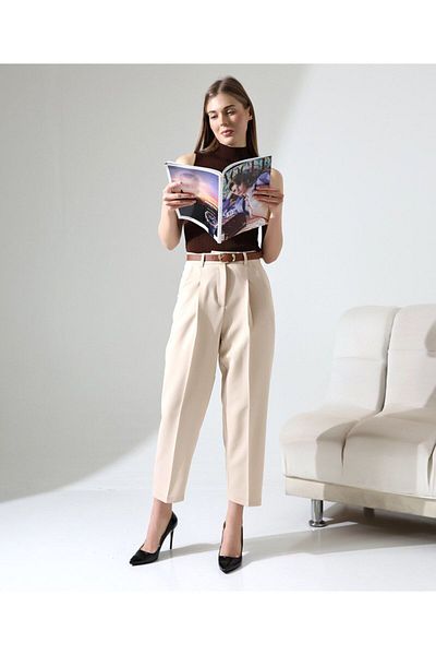 MetuCA Women's High Waist Straight Carrot Cut Pleated Fabric Pants with Belt, New Name of Elegance