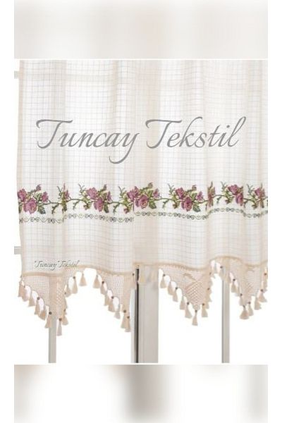 TUNCAY TEKSTİL Lilac Cross Stitched Buldan Work Cross Stitch Hand Lace Canvas Linen Curtain