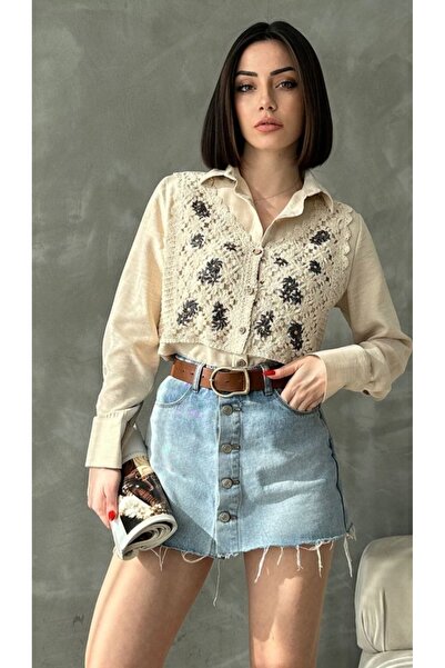 TOPSHOW Linen Blended Shirt with Guipure Detail