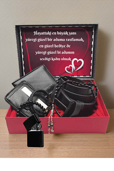 expreshediye Erkek Hediye Seti Siyah Çakmak Deri Cüzdan Kemer Kartlık Ve 2 Bi...