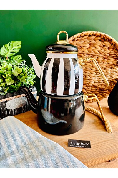 CASA DE BELLA Emaye Siyah Çizgili Çaydanlık Takımı