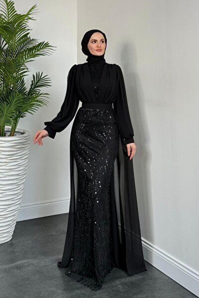 MERVEN AKYÜZ Stella Boncuk İşlemeli Pelerinli Abiye Siyah