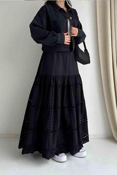 MELEK ARAZ Black Asymmetrical Cut Skirt with Holes at the Hem