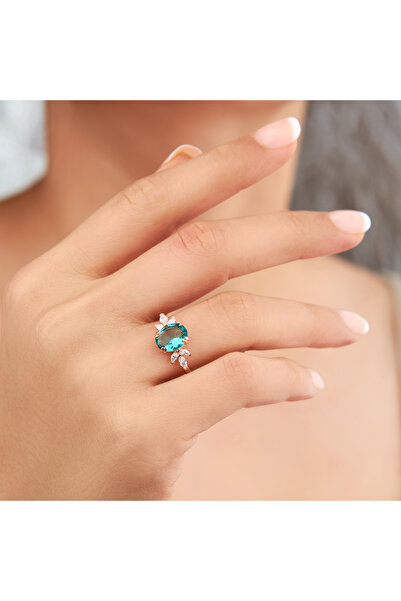 Siset Gümüş 925 Ayar Rose Kaplama Oval Aquamarin Taşlı Gümüş Yüzük