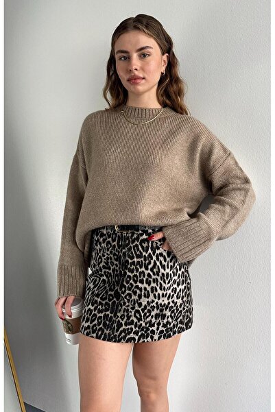 yeditepe fashion Kadın Bisiklet Yaka Oversize Triko Kazak vizon