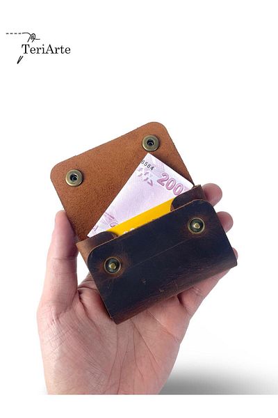 TeriArte Genuine Leather Palm Card Holder, Real Leather Minimal Card Holder, Double Snap Card Holder, Unisex Card Holder