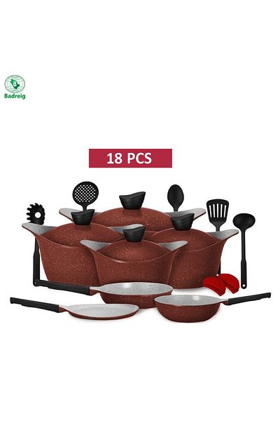 badreig LAHOYA CERAMIC COATED COOKWARE SET 18 PCS (RED)  |Made in Saudi