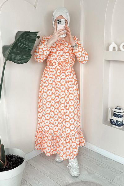 ModaAycan Orange Daisy Print Dress - Ma316