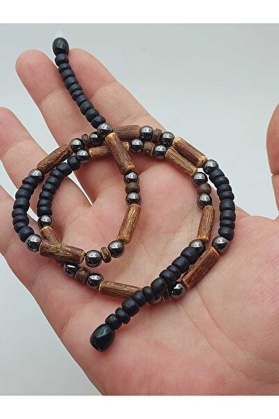 Yasamtohumu Ahşap & Hematit Tasarım Unisex Otantik Kolye (56096)