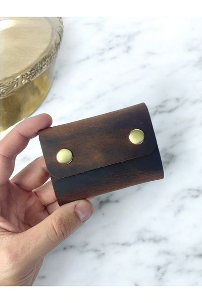 TeriArte Genuine Leather Palm Card Holder, Real Leather Minimal Card Holder, Double Snap Card Holder, Unisex Card Holder