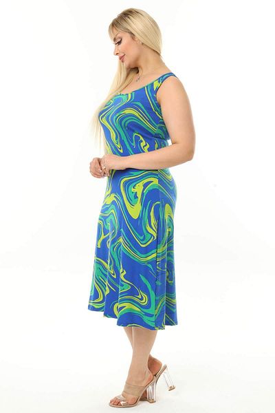 Mooi XXL Rochie de damă, albastru, verde, cu imprimeu ondulat, cu bretele de mărime mare